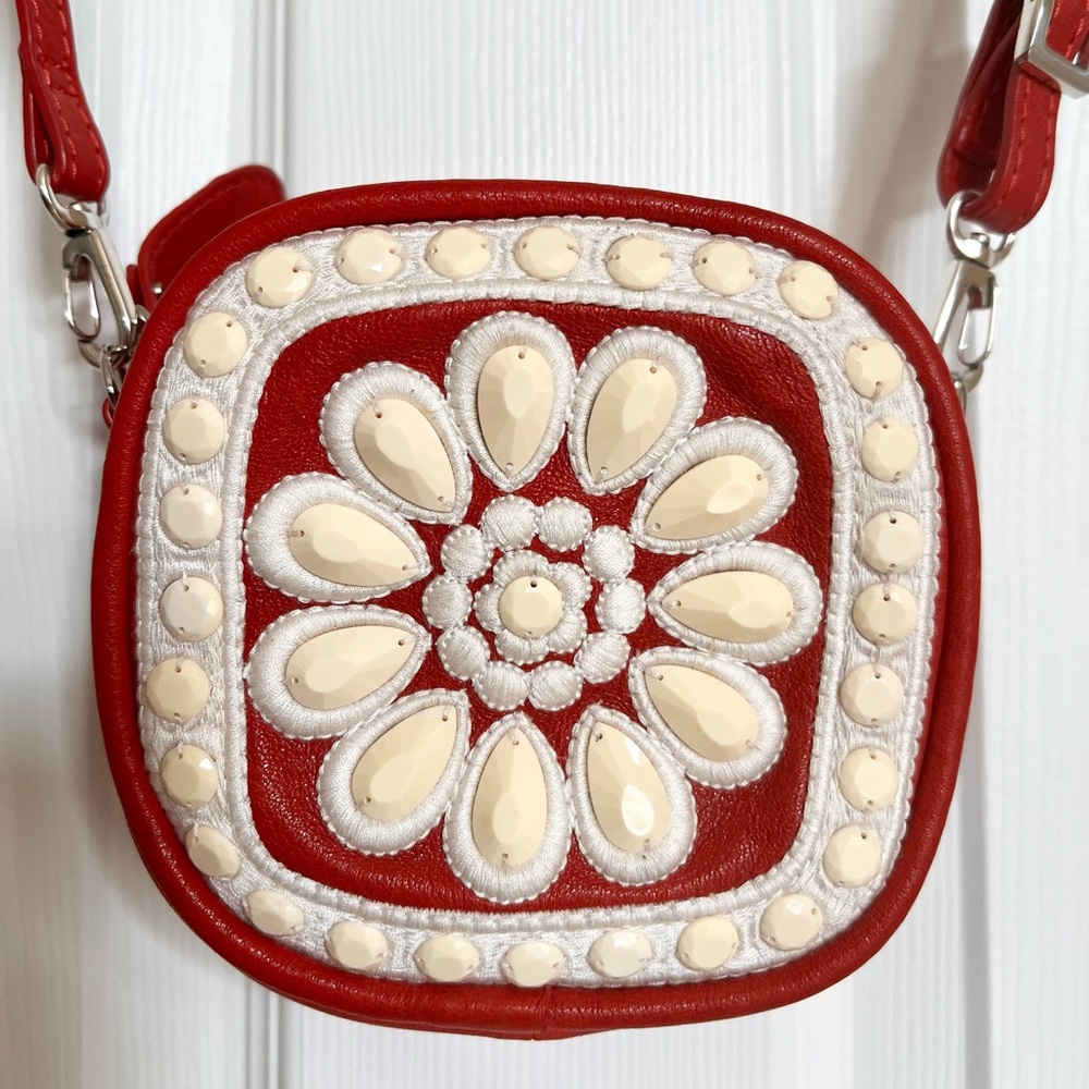 Brighton, Beaded-Red & Ivory Leather zipper Crossbody Bag/Pouch. The Raj.